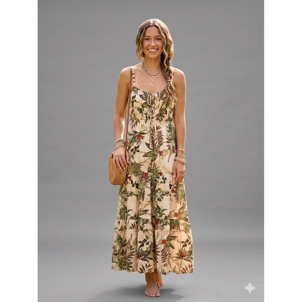 Taylor‎ Womens Tropical Floral Tiered Maxi Dress Tan Green Small NEW